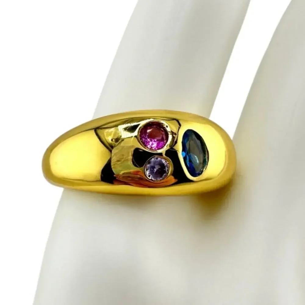 Modern Chunky Crystal Rhinestone Multicolor Gold Tone Stack Size 7.5 Ring